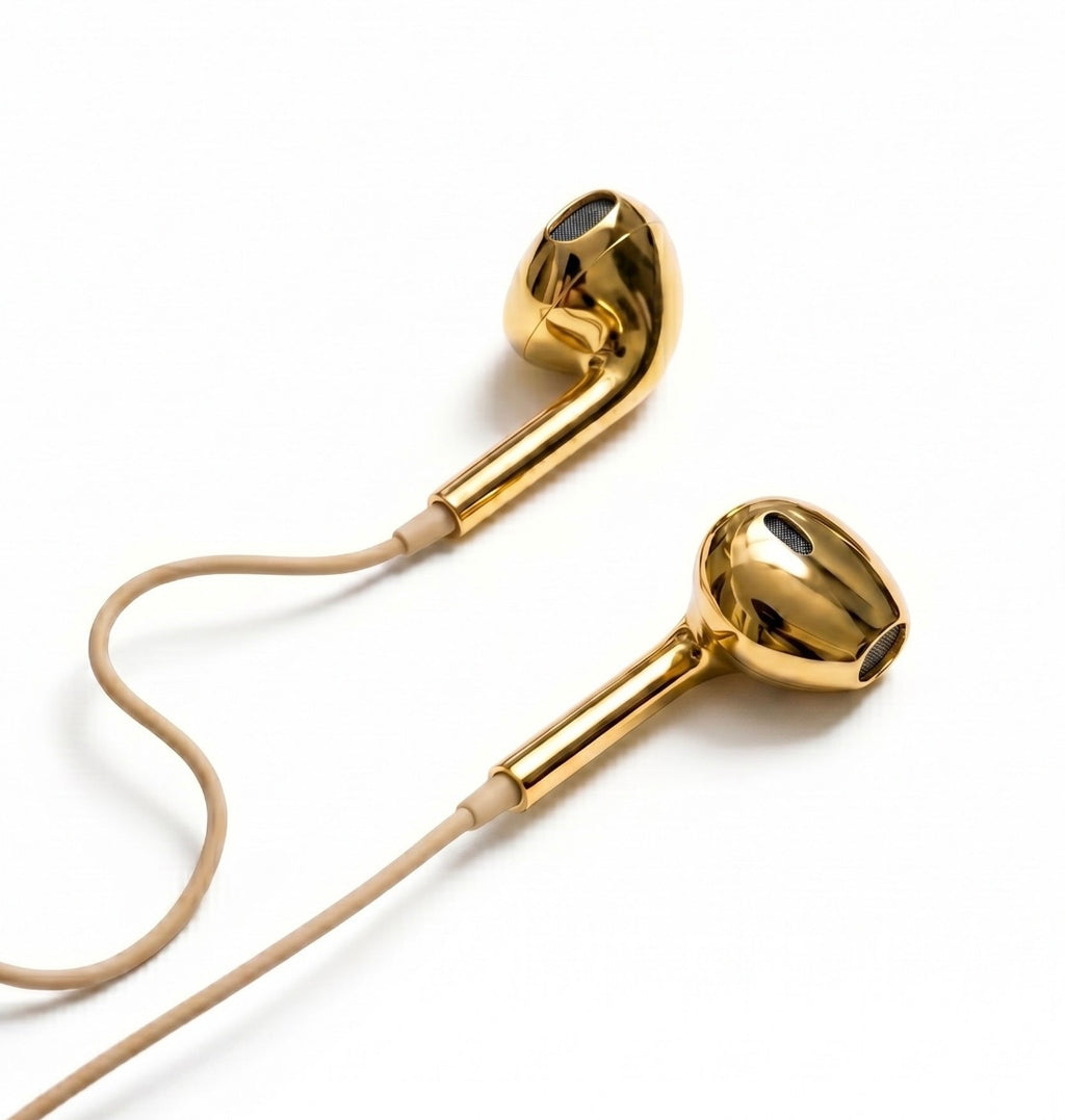 Gold metallic in-ear earphones with a beige cable on a clean white background.