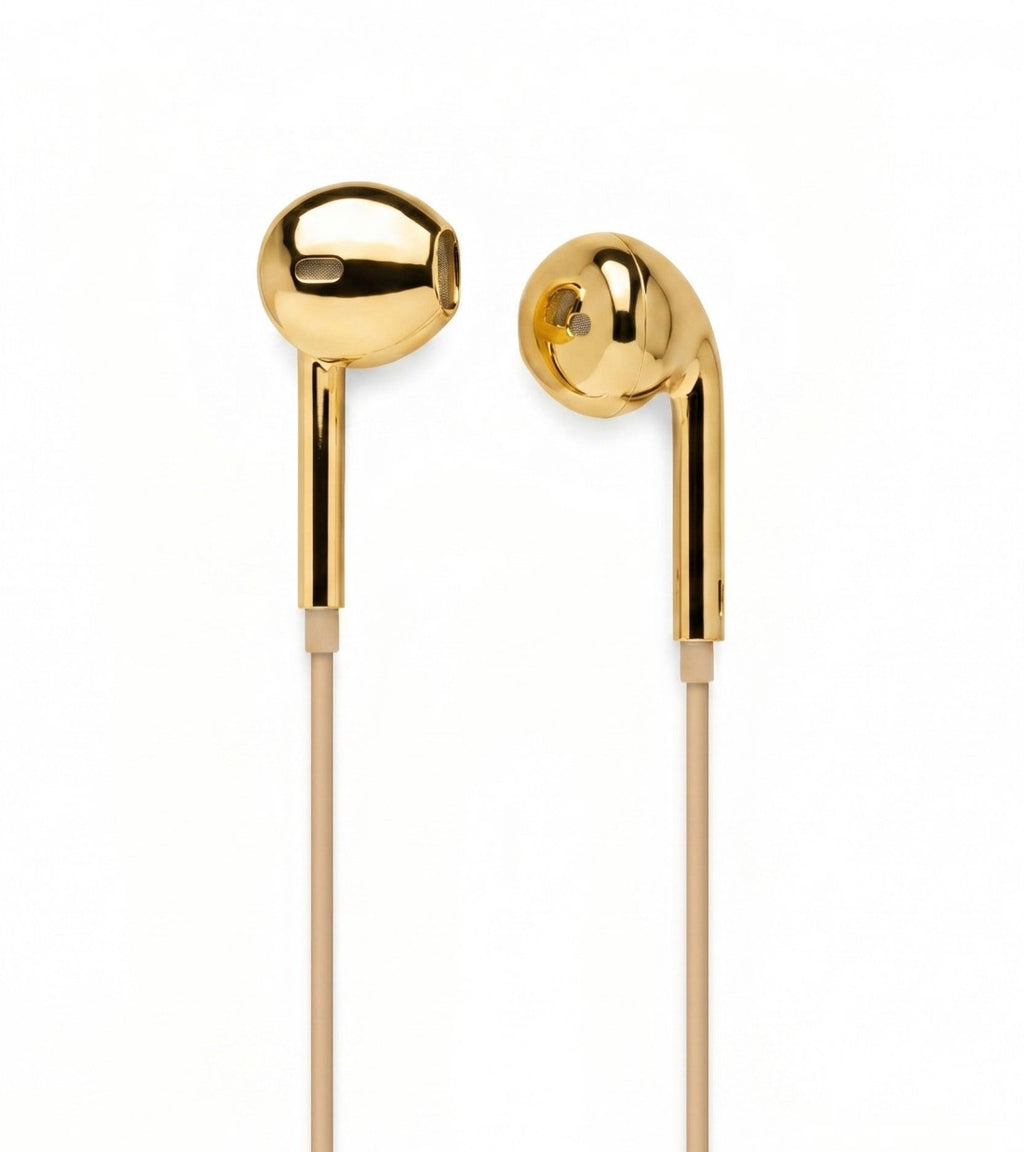 A pair of gold-plated in-ear earphones with beige cables, shown from both front and side angles on a clean white background.