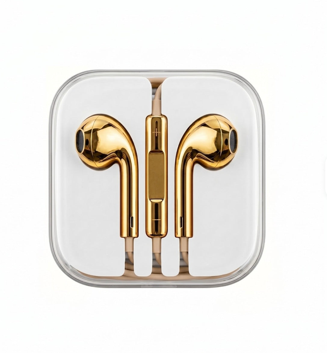 Gold-colored wired earphones with a matching inline remote control, presented inside a clear, square plastic packaging case on a white background.
