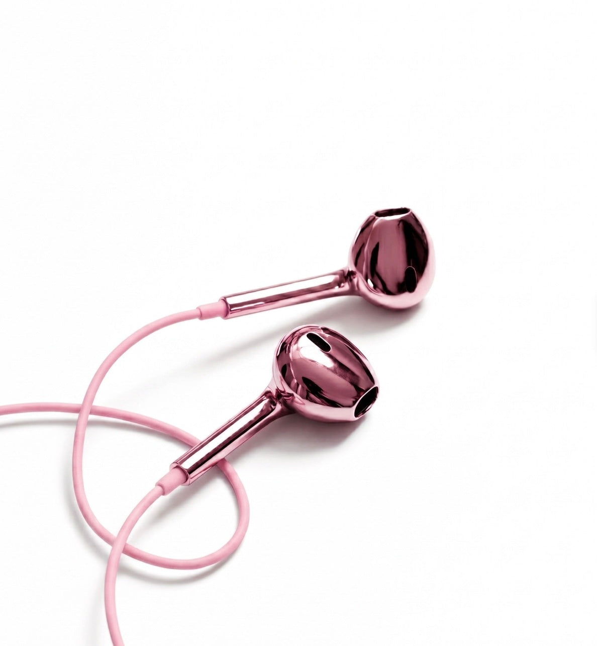 Metallic rose pink in-ear earphones with a matching pink cable, shown on a clean white background.