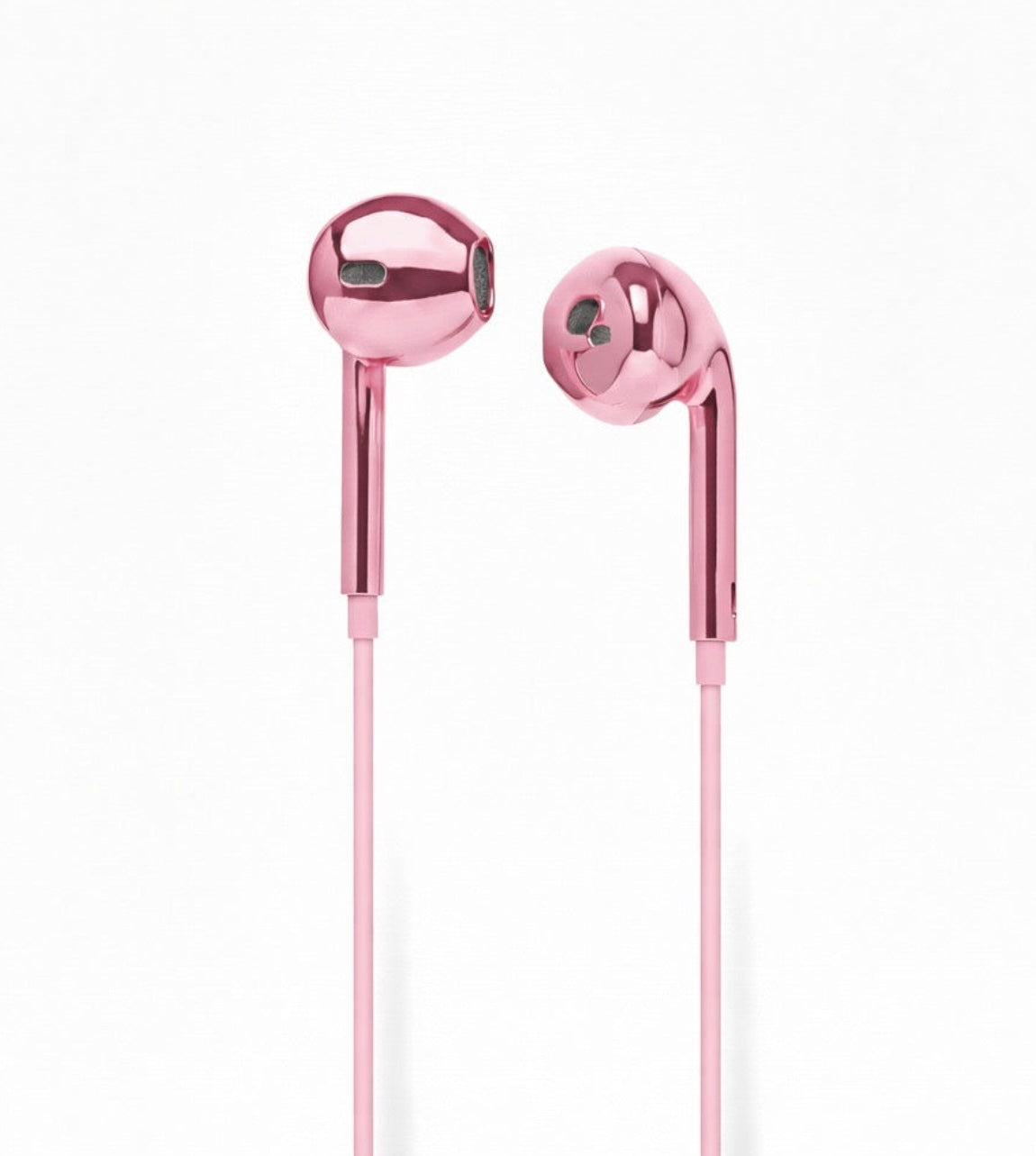 Metallic rose pink in-ear earphones with a matching cable, shown from two angles on a clean white background.