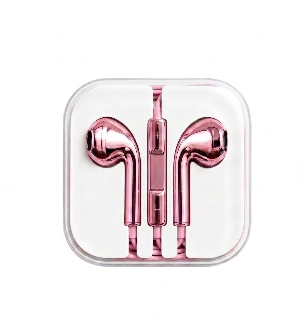 Metallic rose pink wired earphones in a clear, rounded square plastic packaging box, shown against a plain white background.