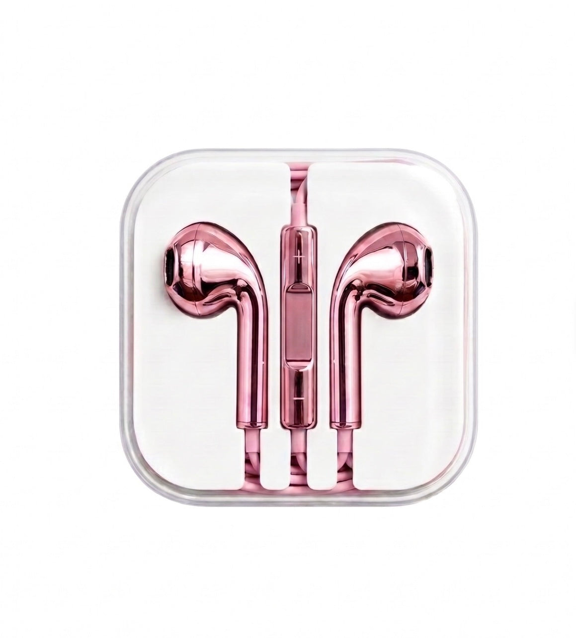 Metallic rose pink wired earphones in a clear, rounded square plastic packaging box, shown against a plain white background.