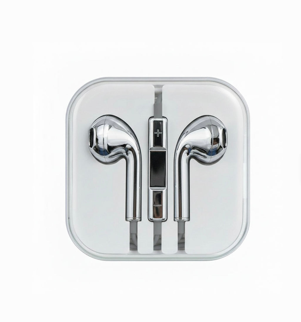 A pair of silver and black wired in-ear headphones inside a clear, square plastic protective case, shown against a plain white background.