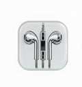 A pair of silver and black wired in-ear headphones inside a clear, square plastic protective case, shown against a plain white background.