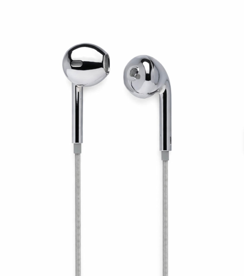 A pair of classic silver wired in-ear headphones with shiny chrome silver earbuds and gray cables, shown against a plain white background.