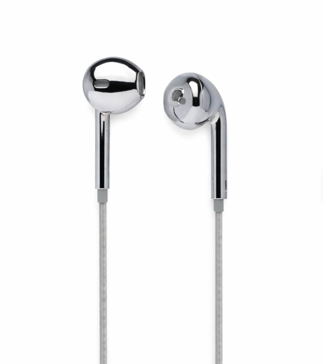 A pair of classic silver wired in-ear headphones with shiny chrome silver earbuds and gray cables, shown against a plain white background.